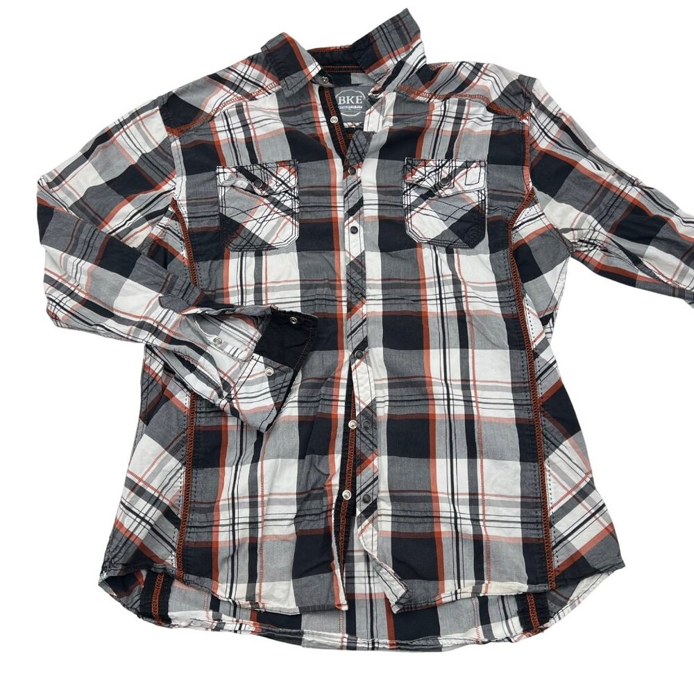 BKE Athletic‎ Fit Mens XL Plaid Button-Down Shirt Black/White/Orange 100% Cotton